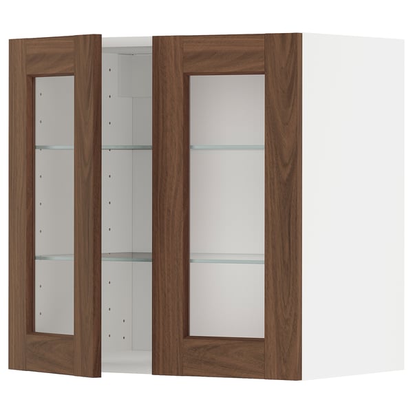 METOD Wall cabinet w shelves/2 glass drs, white Enköping/brown walnut effect, 60x60 cm