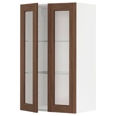 METOD Wall cabinet w shelves/2 glass drs, white Enköping/brown walnut effect, 60x100 cm