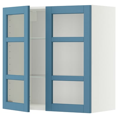 METOD Wall cabinet w shelves/2 glass drs, white/Lerhyttan blue, 80x80 cm