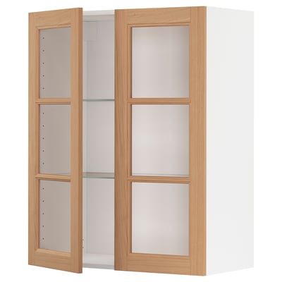 METOD Wall cabinet w shelves/2 glass drs, white/Vedhamn oak, 80x100 cm
