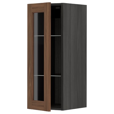 METOD Wall cabinet w shelves/glass door, black Enköping/brown walnut effect, 30x80 cm