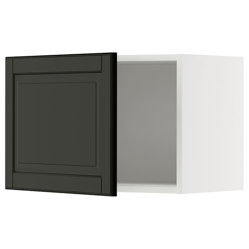 A black METOD kitchen cabinet with a bevelled edge design. The cabinet is square-shaped with a modern aesthetic.