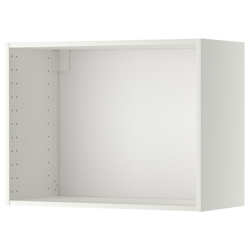 A white METOD wall cabinet from IKEA. Its square-shaped, made of particle board with a melamine finish, and has perforated back panel for ventilation.