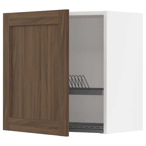 Open wooden cabinet: brown door, metal shelf, white interior.