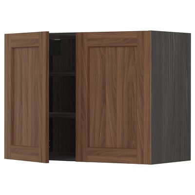 METOD Wall cabinet with shelves/2 doors, black Enköping/brown walnut effect, 80x60 cm