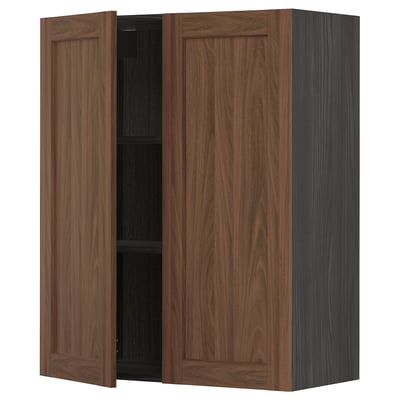 METOD Wall cabinet with shelves/2 doors, black Enköping/brown walnut effect, 80x100 cm