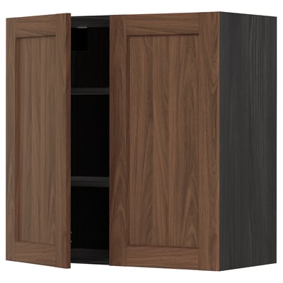 METOD Wall cabinet with shelves/2 doors, black Enköping/brown walnut effect, 80x80 cm