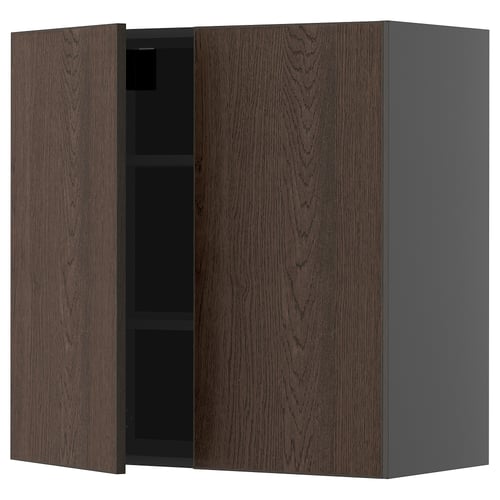 Brown wall cabinet, METOD system, one door open.