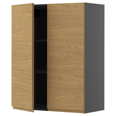 METOD Wall cabinet with shelves/2 doors, black-grey/Voxtorp oak effect, 80x100 cm
