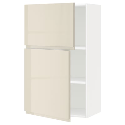 METOD Wall cabinet with shelves/2 doors, white/Voxtorp high-gloss light beige, 60x100 cm