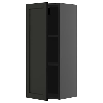 Black wall-mounted kitchen cabinet, METOD system, rectangular shape, one door open, adjustable shelf.
