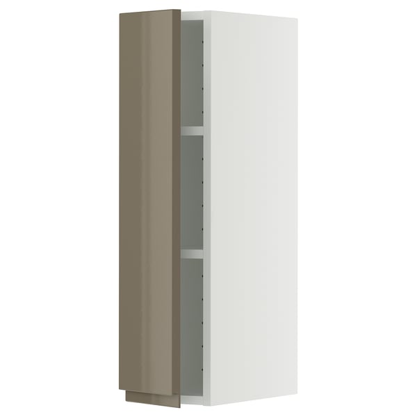 METOD Wall cabinet with shelves, white/Voxtorp high-gloss dark grey-brown, 20x80 cm