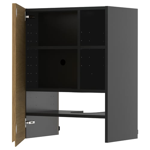 Grey METOD kitchen unit with oak door, minimalist & warm, vertical storage.