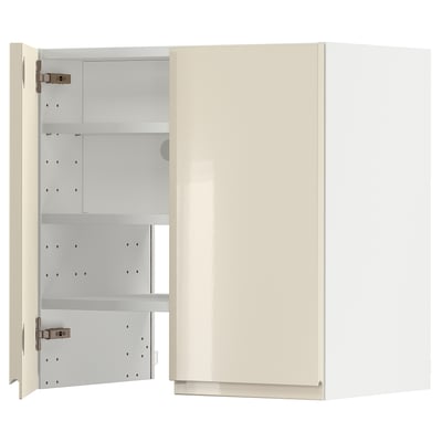 METOD Wall cb f extr hood w shlf/door, white/Voxtorp high-gloss light beige, 60x60 cm