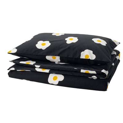 ÖGONLOCKSMAL Duvet cover and pillowcase, black/white/yellow, 150x200/50x80 cm