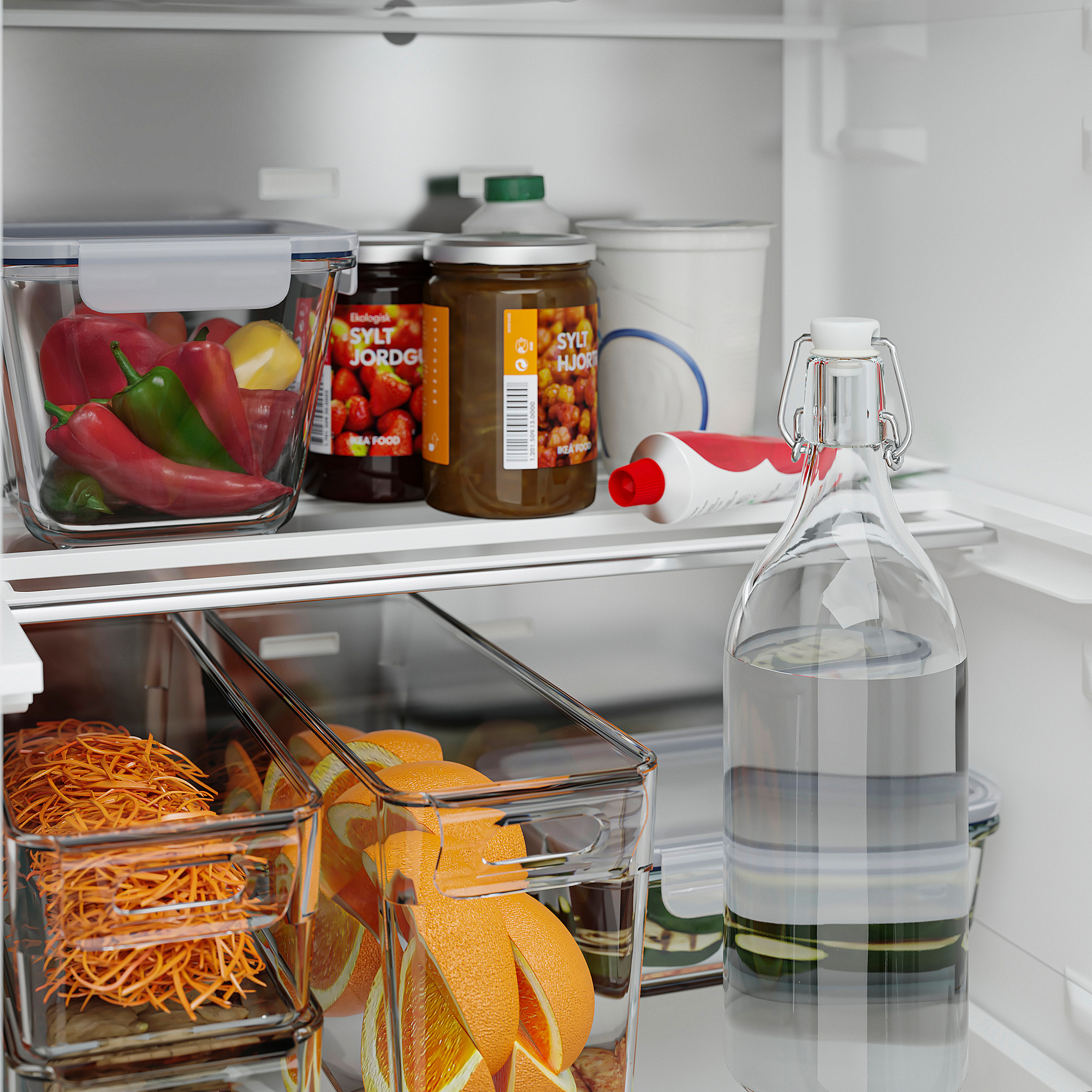 Well-organized refrigerator shelf with clear containers. Vegetables and jars neatly arranged, showing an efficient storage system.
