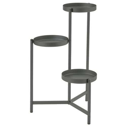 An OLIVBLAD grey metal plant stand with three circular shelves at varying heights.