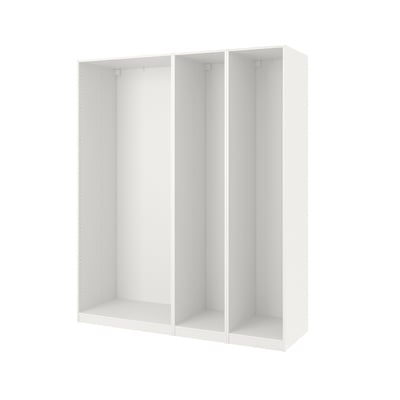A white PAX wardrobe frame, modern and modular, open for customization.