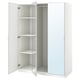 A white ikea PAX wardrobe with mirrored doors, featuring multiple shelves inside. It stands tall and sleek.