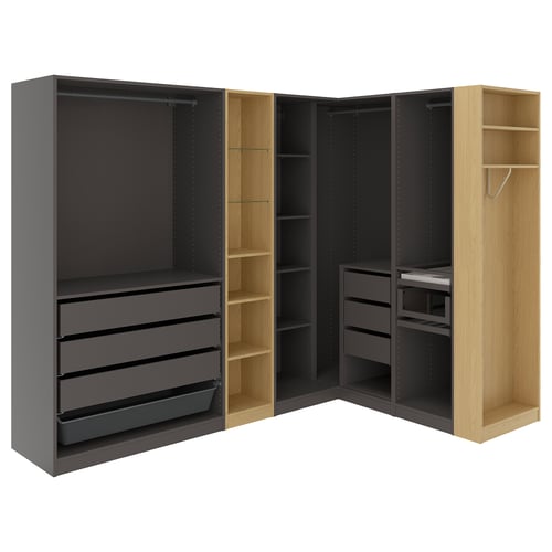 PAX Corner wardrobe, dark grey dark grey/oak effect, 245/180x201 cm