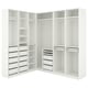 White PAX wardrobe, large corner unit with shelves and drawers. Modern, minimalistic design, particleboard, steel.