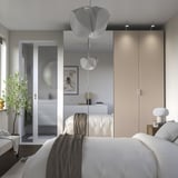 PAX / FARDAL/ÅHEIM Wardrobe combination, white high-gloss/light orange mirror glass, 200x60x236 cm