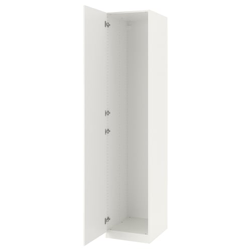 A white ikea PAX wardrobe frame with open doors, featuring a sleek, modern design and soft-closing hinges.
