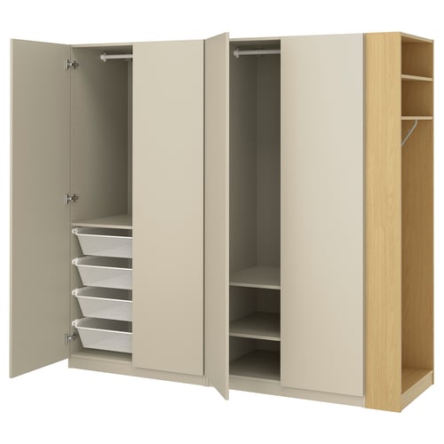 PAX / FORSAND Wardrobe combination, grey-beige grey-beige/oak effect, 220x60x201 cm