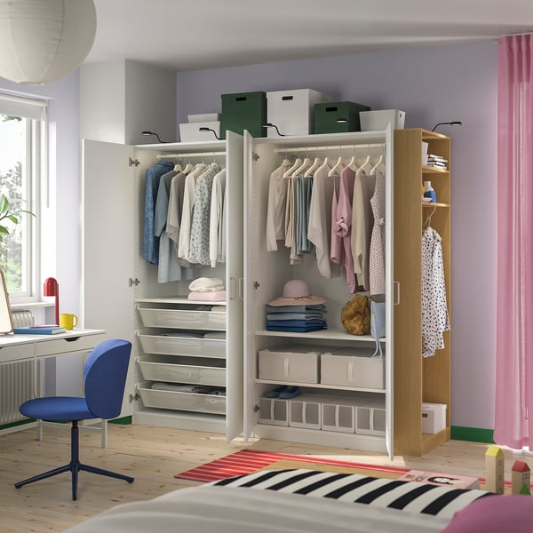 PAX / FORSAND Wardrobe combination, white white/oak effect, 220x60x201 cm