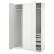 This image shows a white ikea PAX wardrobe with mirrored doors, featuring a hanging rod, shelves, and pullout drawers.