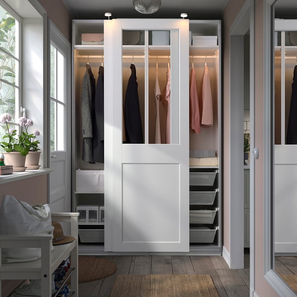PAX / GRIMO Wardrobe with sliding doors, white/clear glass white, 150x66x236 cm