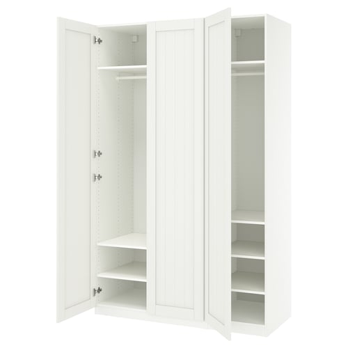 A white ikea PAX wardrobe with open doors, revealing empty shelves and a hanging rod inside.