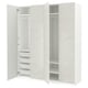 A white ikea PAX wardrobe with a patterned door and open compartments. It shelves, a clothes rail, and mesh baskets.