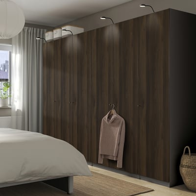 PAX / STORKLINTA Wardrobe combination, dark grey/dark brown stained oak effect, 300x60x201 cm