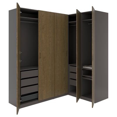 PAX / TONSTAD Corner wardrobe, dark grey/brown stained oak veneer, 211/161x236 cm