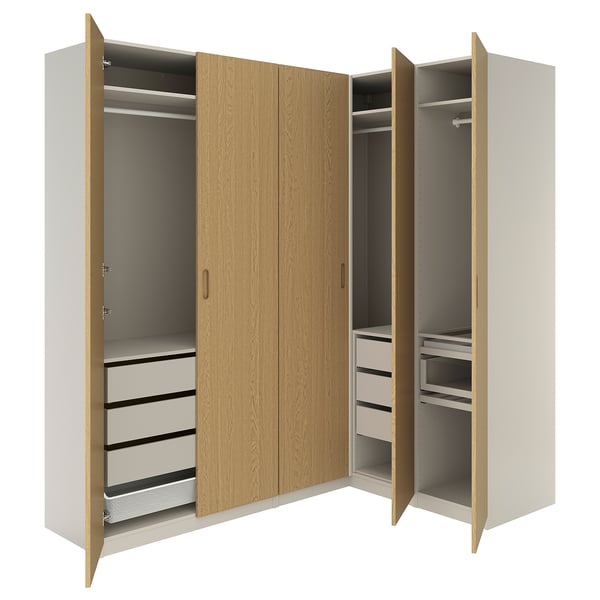 PAX / TONSTAD Corner wardrobe, grey-beige/grey-beige oak veneer, 231/161x236 cm