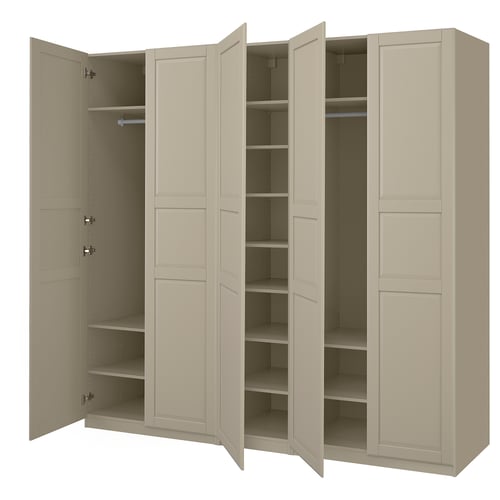 Beige PAX wardrobe with open shelves and hanging space, fiberboard and particleboard construction, clean design.