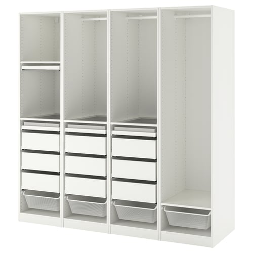 An ikea PAX white wardrobe, featuring both shelves and drawers for storage.