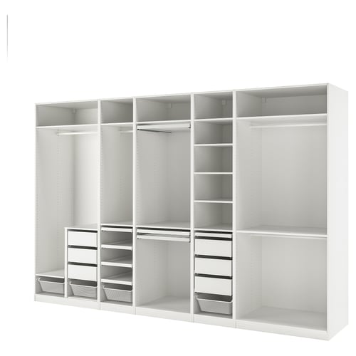 White PAX closet, enduring, sleek, organises efficiently, adjustable, includes shelves, drawers, and hanging space.
