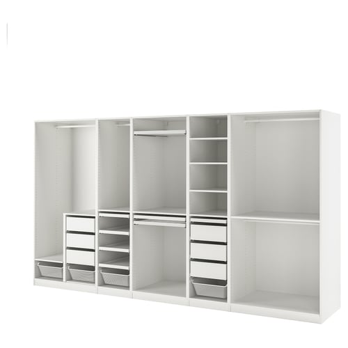 White PAX wardrobe system with shelves, drawers, hangers, and adjustable feet.