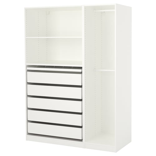 White PAX wardrobe with 5 drawers and 2 shelves. Slim design, ideal for organising clothes and accessories.