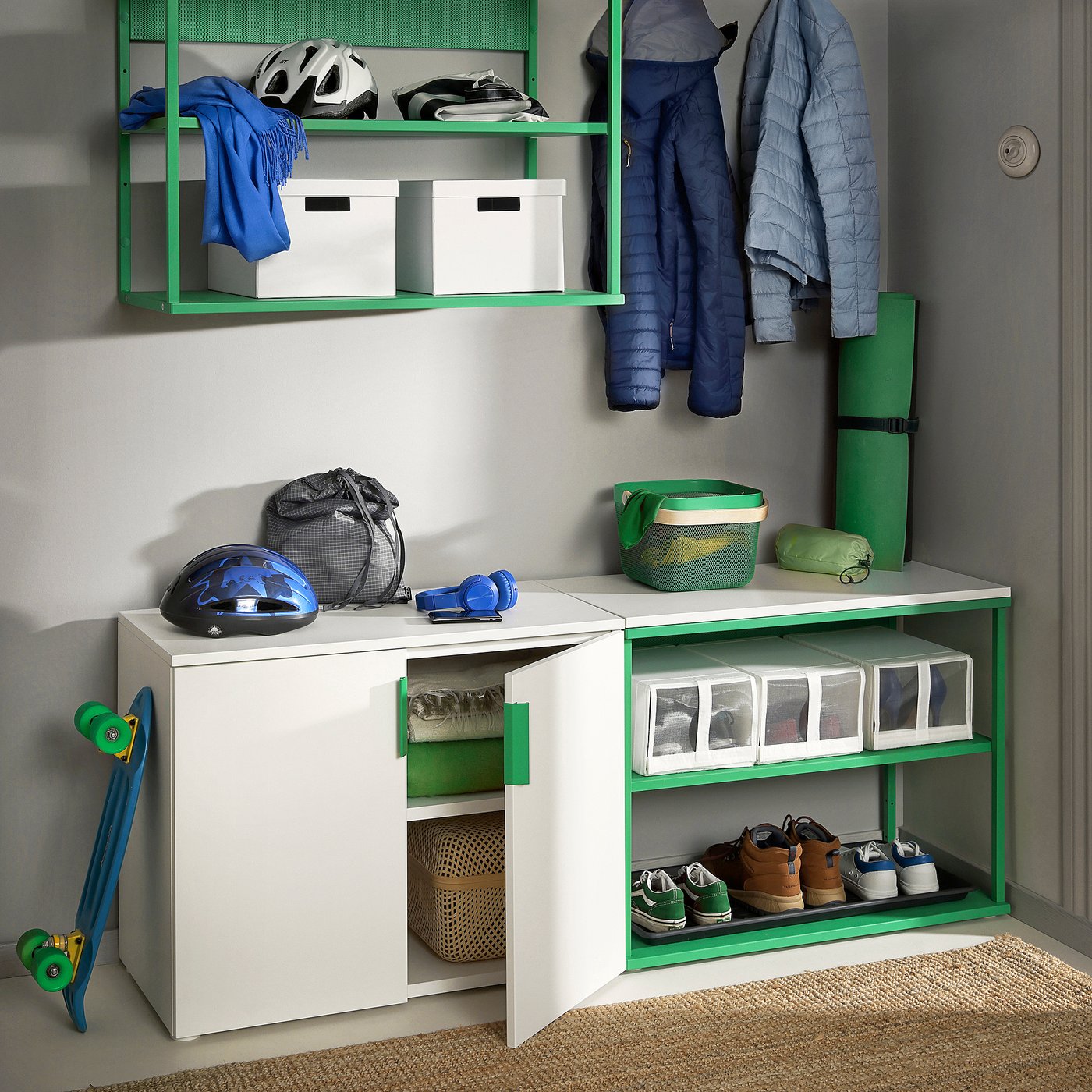 PLATSA open storage combination w 2 doors, white Fonnes/green