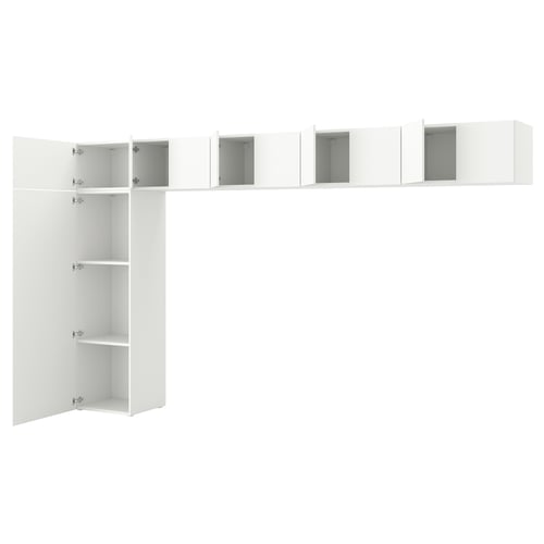White PLATSA storage unit with shelves and cabinets, modular and adjustable for small spaces.