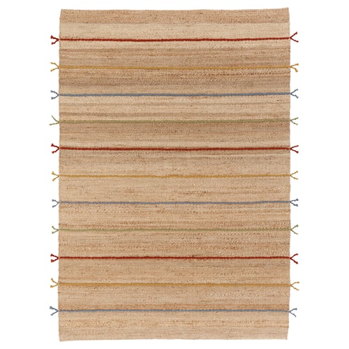 RAKLEV: natural jute rug with multicoloured wool stripes and tassels, rectangular.