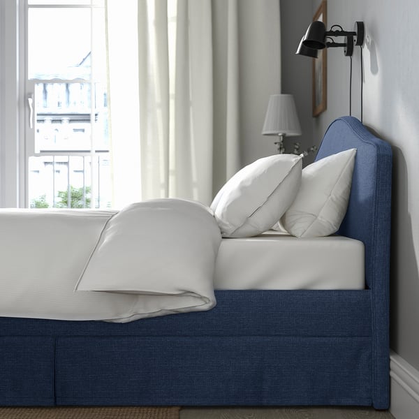 RAMNEFJÄLL Upholstered bed frame, Kilanda dark blue/Lindbåden, 180x200 cm