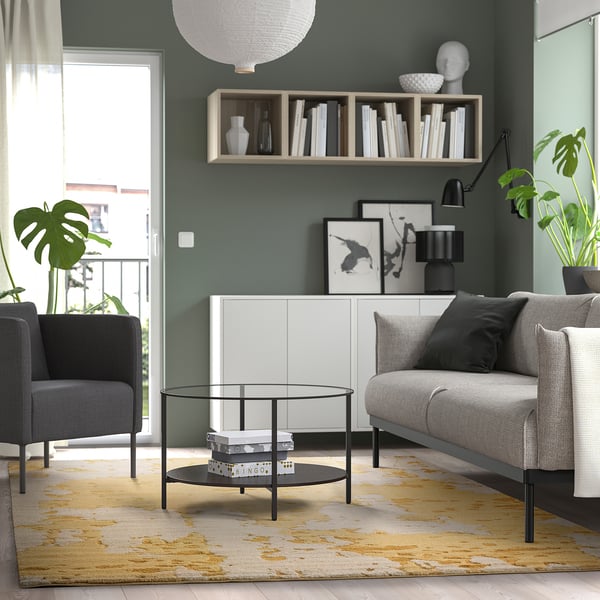 RINGKLOCKA Rug, low pile, yellow/off-white, 200x300 cm