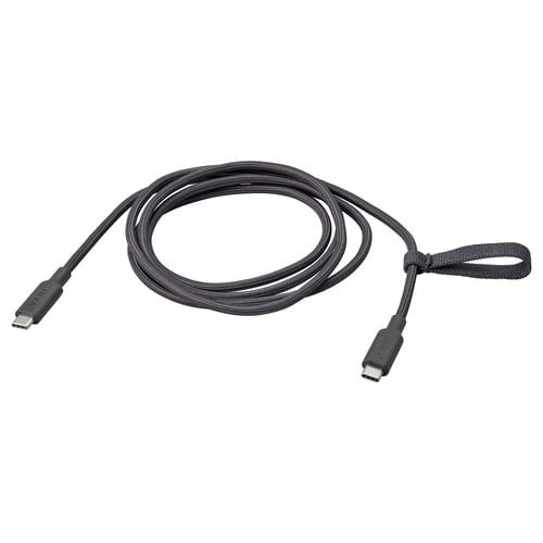 A black rundhilt usb-c charging cable with rubber connectors and a textile body, laid out straight.