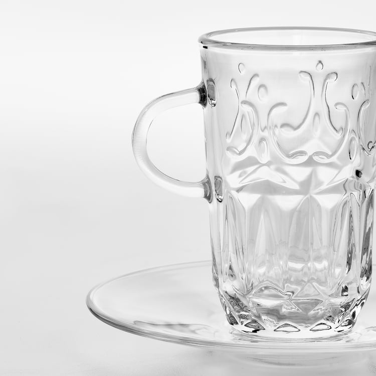 SÄLLSKAPLIG cup with saucer, clear glass/patterned, 7 cl IKEA