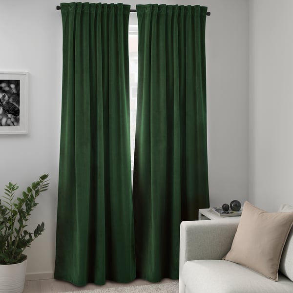 Buy Sagalie Curtains 1 Pair Velvet Dark Olive Green Online Ikea
