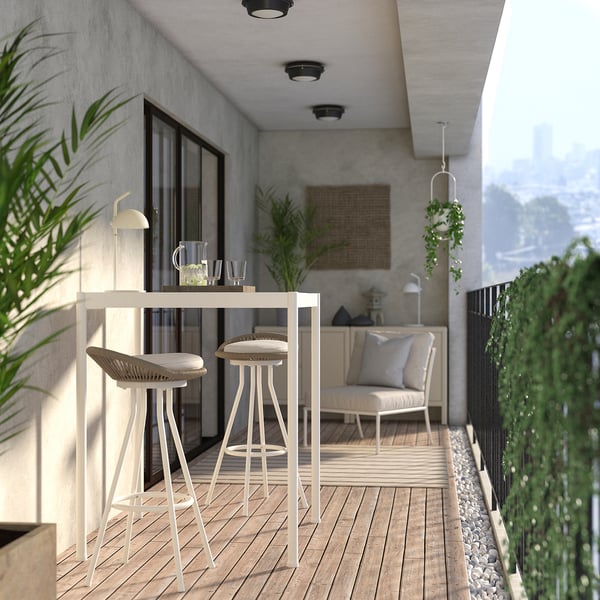 SEGERÖN Bar table and 2 bar stools, outdoor, swivel white/beige/Frösön/Duvholmen beige